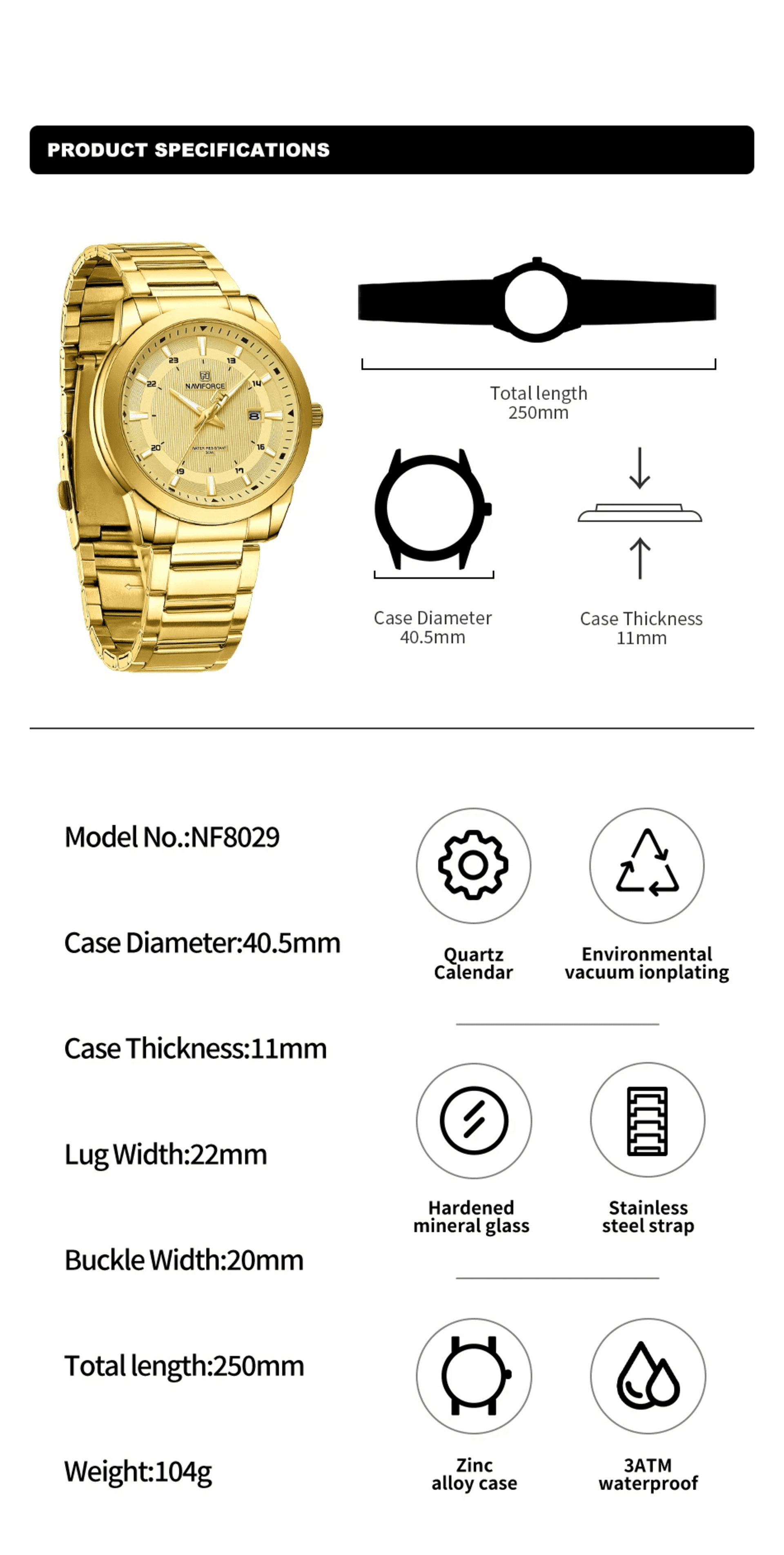 NAVIFORCE Reloj Elegante 8029 Gold - 4