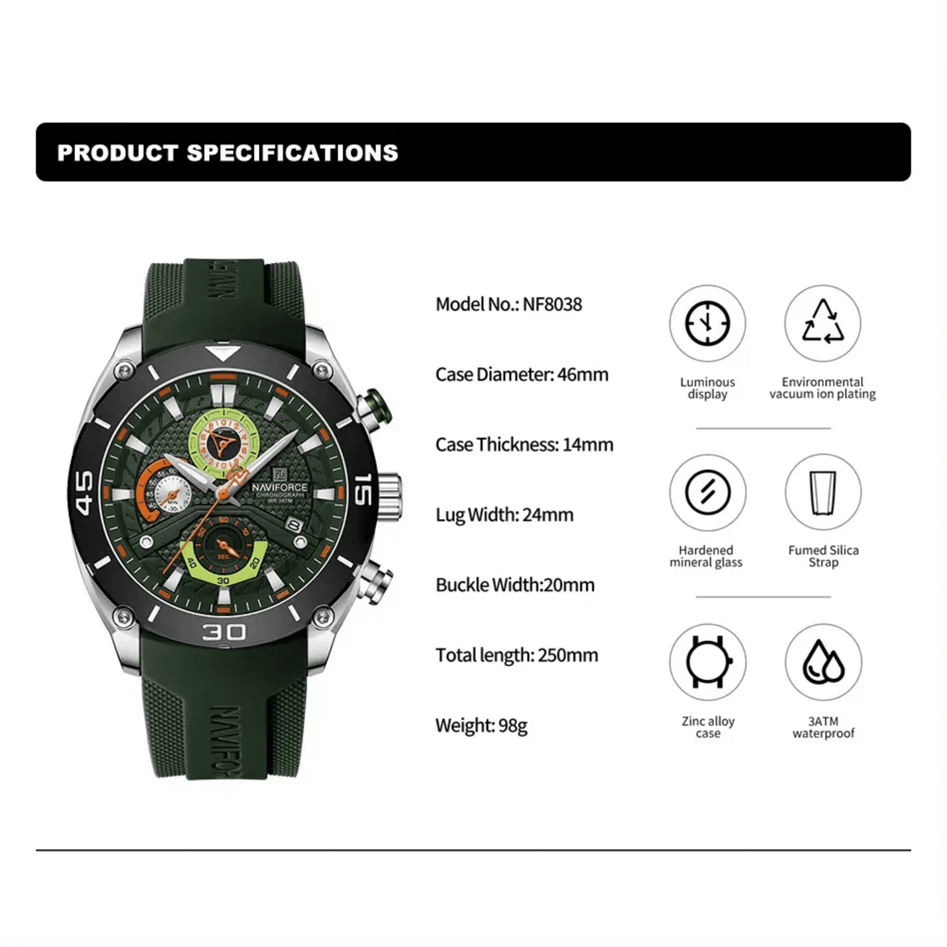 NAVIFORCE Reloj Crono 8038 Silver Green - 3