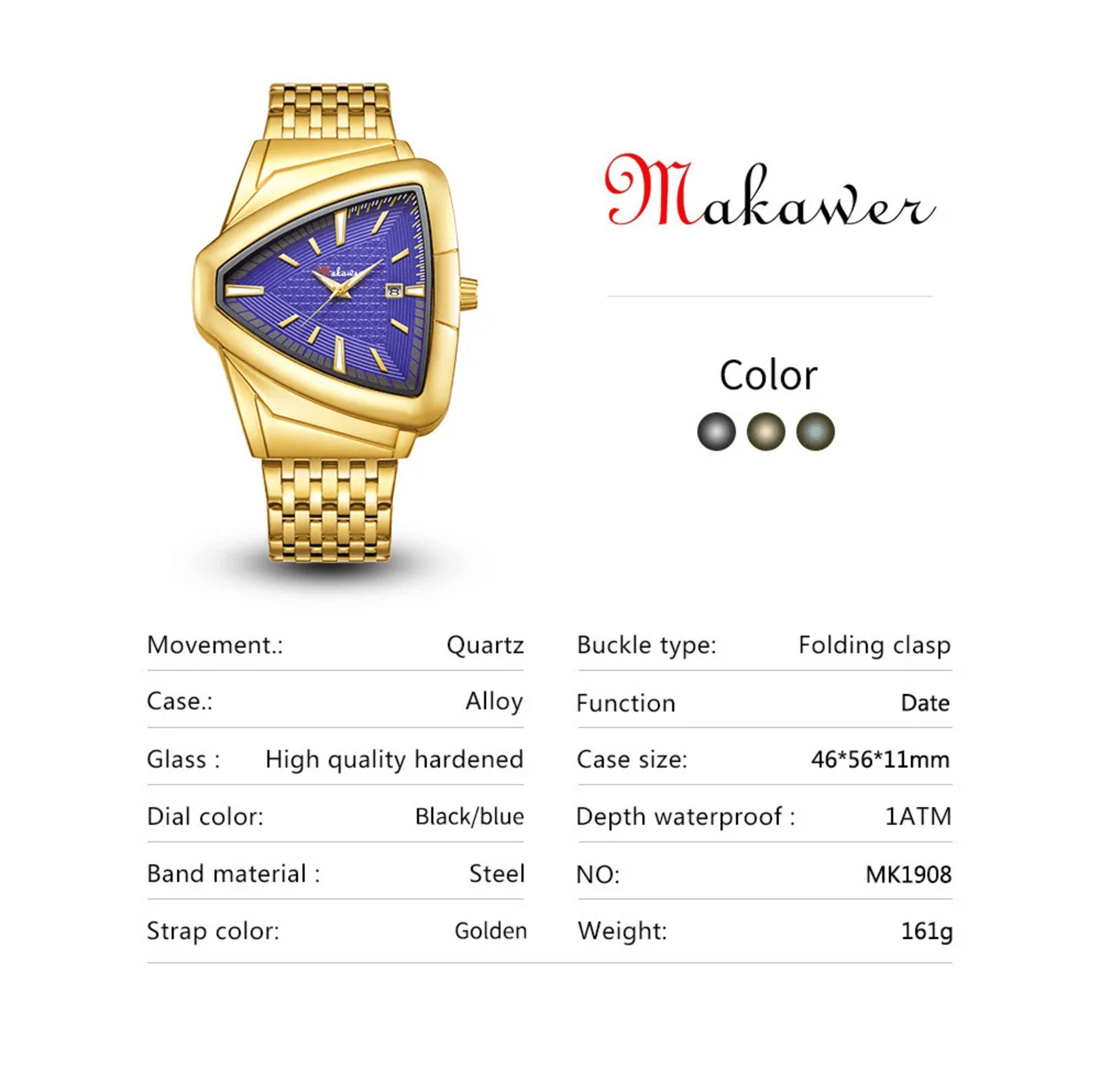 Makawer Reloj Triangular Gold Black - 5